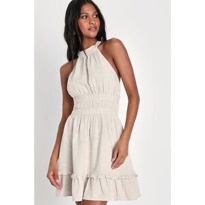 Lulus Roman Reverie Beige Linen Ruffled Halter Mini Dress - Size M